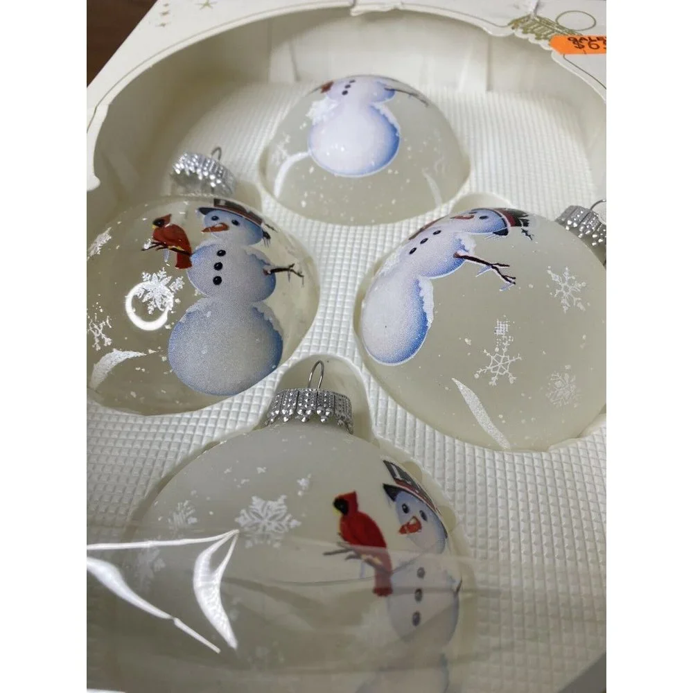 Christmas by Krebs Box Glass Christmas Ornaments White Snowman Snowmen Set 4